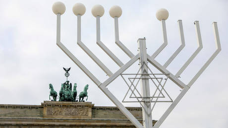 File photo: A giant menorah at the Brandenburg Gate in Berlin, Germany on November 26, 2021.