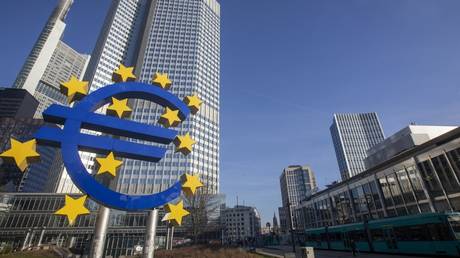 A sculpture depicting the Euro currency symbol seen in front of the former European Central Bank (ECB) headquarters building in Frankfurt, Germany, December 22, 2021