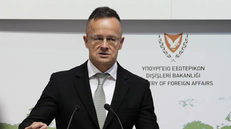 Hungarian Foreign Minister Peter Szijjarto speaks at a press conference in Nicosia, Cyprus, October 24, 2022. © AP Photo / Petros Karadjias