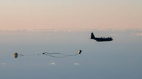 An MC-130J Commando II from the 352nd Special Operations Wing releases a Rapid Dragon munitions system during a demonstration off the coast of Norway, November 9, 2022