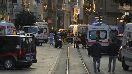 Security and ambulances at the scene after an explosion on Istanbul's popular pedestrian Istiklal Avenue, on November 13, 2022.