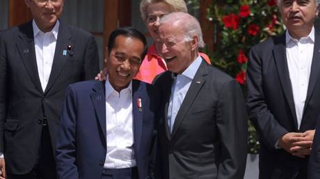 Indonesian President Joko Widodo is shown chatting with US President Joe Biden last June at the G7 Summit in Germany.