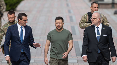 FILE PHOTO Vladimir Zelensky (C) walks with Polish PM Mateusz Morawiecki (L) and Latvian President Egils Levits.