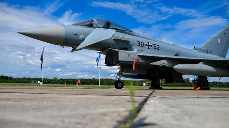 An Eurofighter of the German Federal Armed Forces sits on the tarmac at the airbase in Norvenich, western Germany, on August 20, 2020.