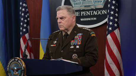 Gen. Mark Milley speaks during a press briefing after a virtual Ukraine Defense Contact Group meeting.