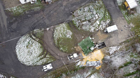 Aerial view of the site where a missile killed two men in the eastern Poland village of Przewodow, near the border with Ukraine on November 15, 2022.