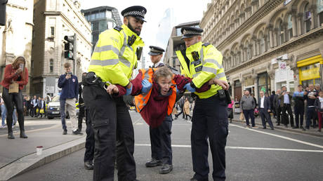 FILE PHOTO: Police officers arrest an activist from the group Just Stop Oil after they blocked a road in London, Britain, October 27, 2022