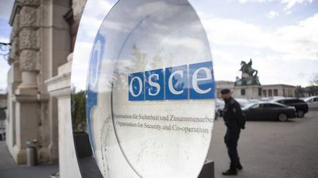 FILE PHOTO: The logo of the OSCE (Organization for Security and Cooperation in Europe), seen at its headquarters in Vienna, Austria, February 21, 2022