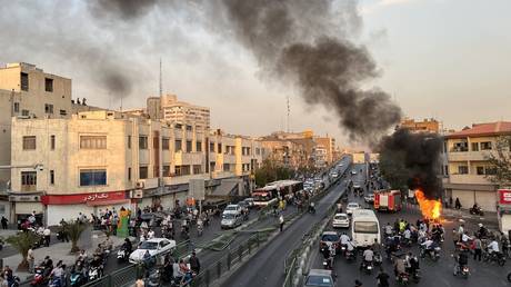 FILE PHOTO. A motorcycle on fire in Tehran, Iran on October 8, 2022.