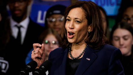 US Vice President Kamala Harris is shown speaking at a Democratic Party event earlier this month in Washington.
