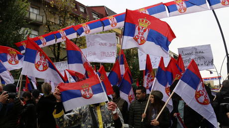 Kosovo Serbs protest the measure against Serbian license plates in North Mitrovica on November 6, 2022.