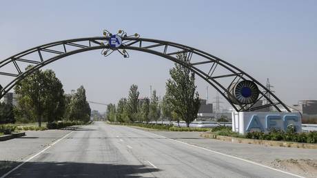 A stele at the entrance to the territory of the Zaporozhye NPP in Energodar.