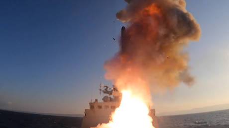 A Russian Navy ship launches missiles during the military operation in Ukraine.