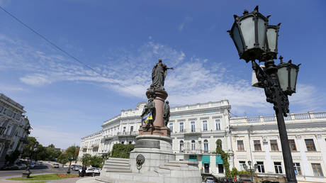 The monument to the Empress of Russia Catherine II is seen during during a rally of Ukrainian activists who demand to remove it, in the center of Odessa, Ukraine.