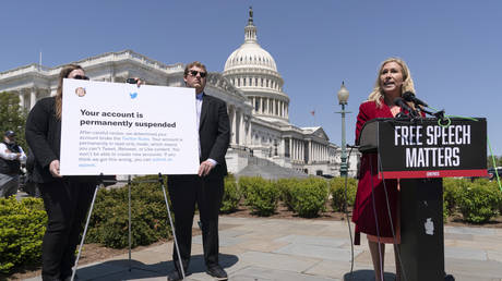 FILE PHOTO: Rep. Marjorie Taylor Greene, R-Ga., speaks about Twitter on Capitol Hill in Washington, April 28, 2022