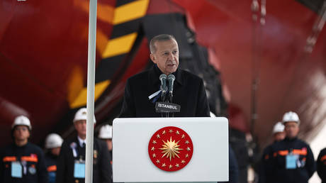 Turkish President Recep Tayyip Erdogan speaks during the launch ceremony of the third ship in Pakistan MILGEM Corvette Project, November 25, 2022 in Istanbul, Turkiye.