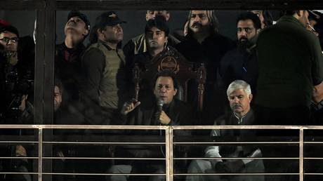 Former Pakistani Prime Minister Imran Khan delivers a speech during an anti-government rally on November 26, 2022, Rawalpindi, Pakistan