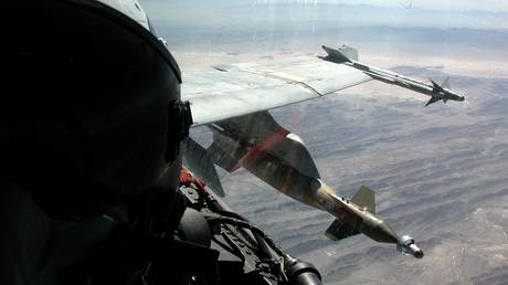 FILE PHOTO: A fighter jet carrying a US-made Laser Guided Bomb Unit and a Sidewinder missile.