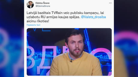 A tweet urging Latvian security services to react to Aleksey Korostelyov’s on-air remarks.
