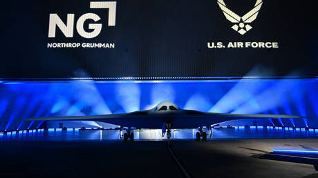 The B-21 Raider is unveiled during a ceremony at Northrop Grumman's Air Force Plant 42 in Palmdale, California, December 2, 2022.