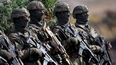 German service members are pictured during an exercise at a military ground on October 17, 2022, Ostenholz, Germany