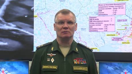 Russian Defense Ministry spokesman Igor Konashenkov gives a briefing on the military operation in Ukraine at the Russian National Defense Management Center, in Moscow © Ministry of Defense Press Service