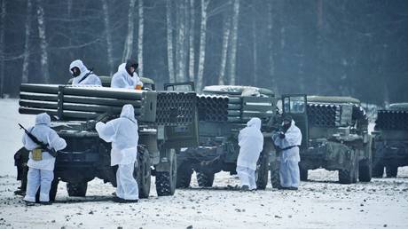 Mobilized servicemen exercise at trainings ground outside Kostroma, Russia on November 25, 2022.