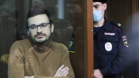 Russian opposition activist and municipal deputy of the Krasnoselsky district Ilya Yashin (declared a foreign agent), accused of spreading false information about the Russian Armed Forces, attends a hearing at the Meshchansky District Court, in Moscow, Russia.