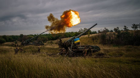 Ukrainian artillery unit fires with with a 2S7-Pion, a self-propelled gun, at a position near a frontline in Kharkov Region on August 26, 2022.