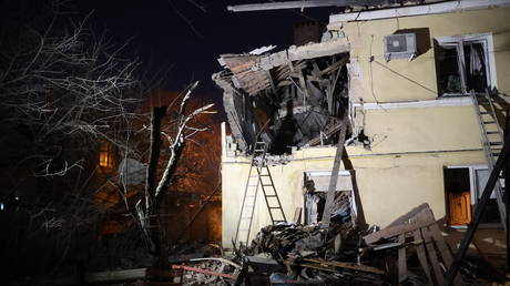 A house damaged as a result of recent shelling in the Kyivsky district of Donetsk.
