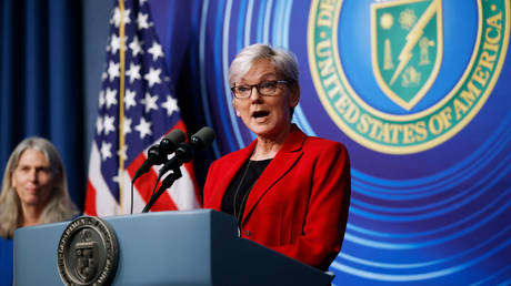 US Secretary of Energy Jennifer Granholm speaks at a press briefing on Tuesday in Washington.