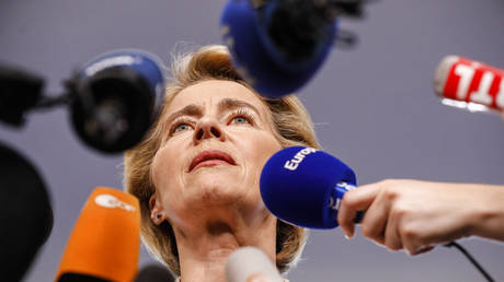 Germany's Ursula von der Leyen answers reporters at the European Parliament in Strasbourg, eastern France, Wednesday July 3, 2019.