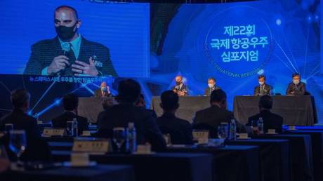 US Space Force Lt. Colonel Joshua McCullion speaks at an October 2021 event in Seoul.