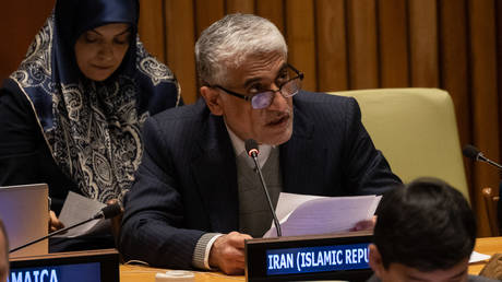 Iran’s United Nations envoy Amir Saeid Iravani speaks during a meeting of the UN’s Economic and Social Council in New York City, December 14, 2022.