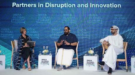 India's IT minister Rajeev Chandrasekhar and UAE counterpart Omar Sultan Al Olama taking part in the India Global Forum (IGF) in Dubai.