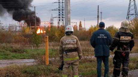 FILE PHOTO: Emergency services inspecting Shebekino electrical substation after alleged shelling by Ukrainian forces. Belgorod Region, Russia