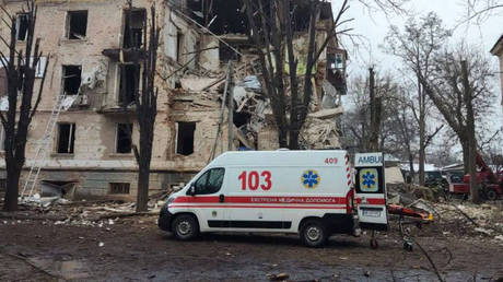 A damaged residential building is seen in the Ukrainian city of Krivoy Rog, on December 16, 2022.