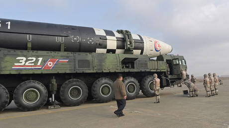 FILE PHOTO: A North Korean ballistic missile at Pyongyang International Airport, November 2022.