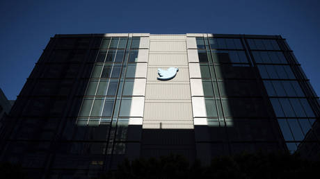 A Twitter logo outside the company’s office in San Francisco, California, 2022.