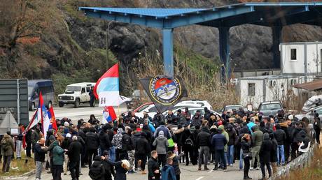 Protesters attend a rally in support of Kosovo Serbs at Jarinje crossing, December 18, 2022