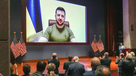 FILE PHOTO: Ukraine President Vladimir Zelensky delivers a virtual address to US Congress, Washington, March 16, 2022