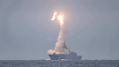 FILE PHOTO. The Russian frigate Admiral Gorshkov fires a Zircon missile.