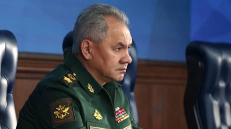 Russian Defence Minister Sergei Shoigu attends an expanded meeting of the Russian Defence Ministry Board at the National Defence Control Centre in Moscow, Russia.