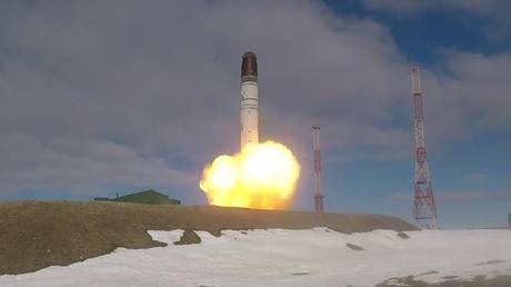 FILE PHOTO. An RS-28 Sarmat intercontinental ballistic missile pictured during a test launch.