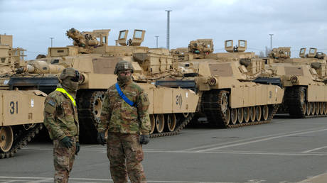 US Army M1 Abrams tanks during an exercise in Bremerhaven, Germany, 2020.