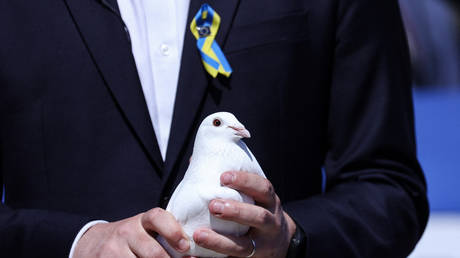 FILE PHOTO OF a man wearing a badge with Ukrainian and European flags and holding a white dove in Brussels, Belgium