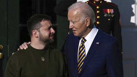 US President Joe Biden welcomes Ukraine's President Volodymyr Zelensky on the South Lawn of the White House in Washington, DC, on December 21, 2022.