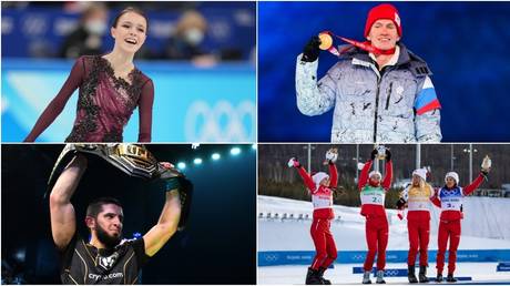 Success in 2022 (from top left, clockwise): Anna Shcherbakova, Alexander Bolshunov, Russian women’s 4 x 5km cross-country skiing team, Islam Makhachev.