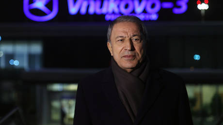 Turkish Defense Minister Hulusi Akar speaks to press after arriving in Moscow, Russia to attend 3 countries' defense ministers and intelligence chiefs meeting on December 28, 2022.