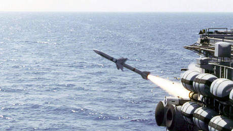FILE PHOTO. A RIM-7 Sea Sparrow missile is launched from a US aircraft carrier.